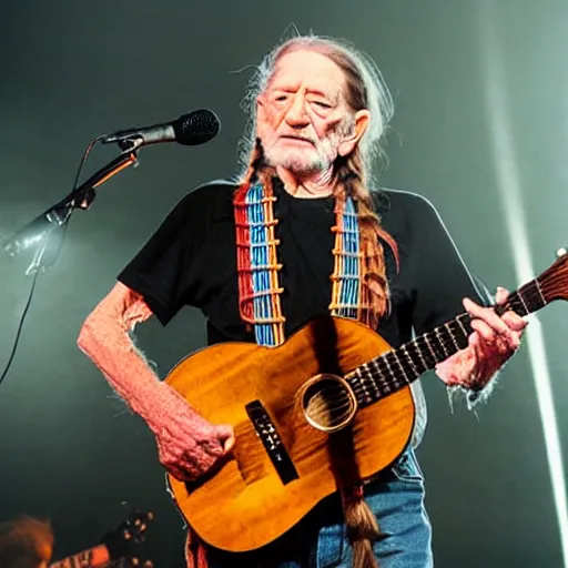 Image similar to willie nelson on stage, four fingers holdingguitar. god rays through fog.