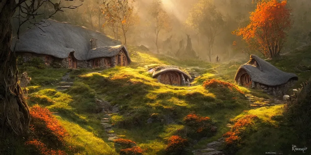 Image similar to a hobbit cottage on top of a steep hill, greg rutkowski, zabrocki, moebius, karlkka, jayison devadas concept art, highly detailed, autumn sunlights, smoky atmosphere, ( ray of sunlight ), ilya kuvshinov, ossdraws, 8 k, ultra wide angle, zenith view, lens effect