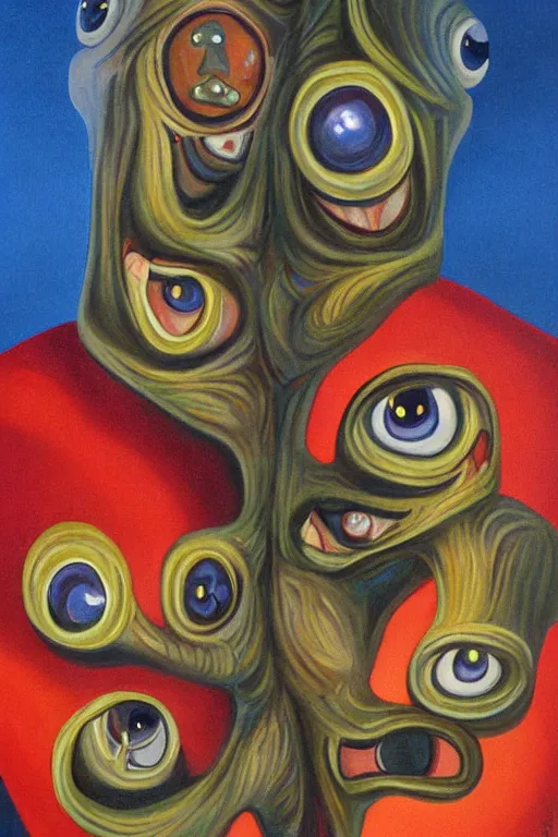 Prompt: a painting portrait of a mutant with six eyes, two noses and three mouths character art, painting by james woods