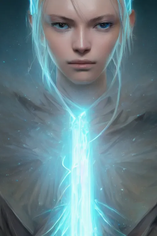 Image similar to a fancy close up portrait of a beautiful light mage in lightblue aura by Greg Rutkowski, Sung Choi, Mitchell Mohrhauser, Maciej Kuciara, Johnson Ting, Maxim Verehin, Peter Konig, final fantasy , mythical, 8k photorealistic, cinematic lighting, HD, high details, atmospheric,