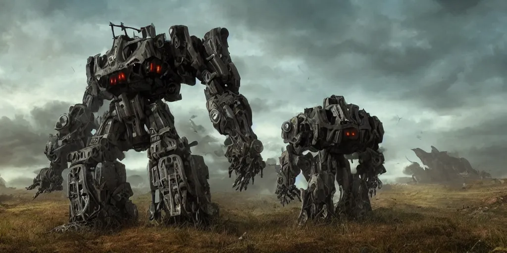 Image similar to large mech war machine walking through the countryside, cinematic lighting, dramatic camera angle, highly detailed concept art. realistic render