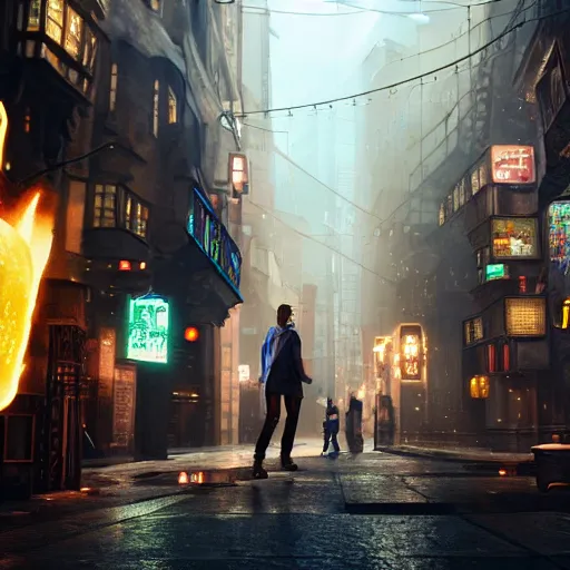 Image similar to harry potter hovering on his magic nimbus through cyberpunk street, raining cheese, photorealistic, cinematic lighting