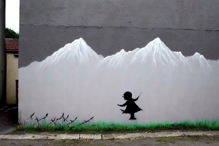 Image similar to wall painting, beautiful nature landscape, grey street wall, rule of thirds, art by banksy