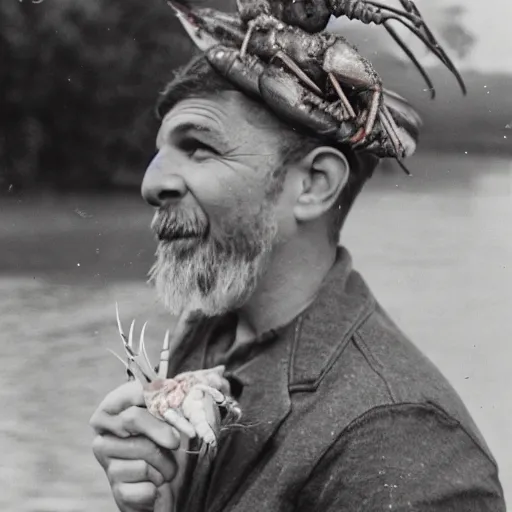 Prompt: photo of man with a crayfish on his head