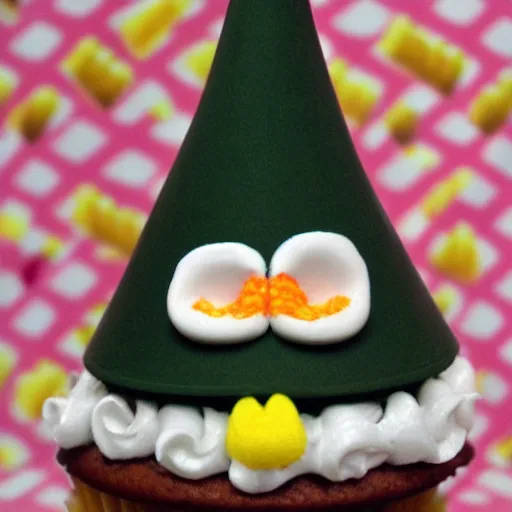 Image similar to hyper realistic cupcake gnome head with wafflecone hat