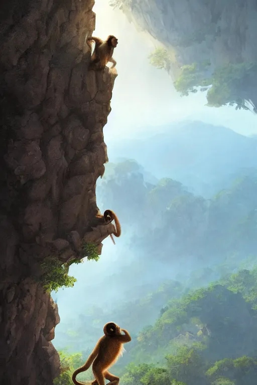 Image similar to a monkey standing at the top of a cliff throwing a bone in the air , dramatic lighting, cinematic, establishing shot, extremly high detail, photorealistic, cinematic lighting, artstation, style by James Gurney