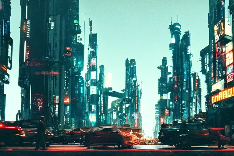 Image similar to cinematography of a busy cyberpunk city street by Emmanuel Lubezki