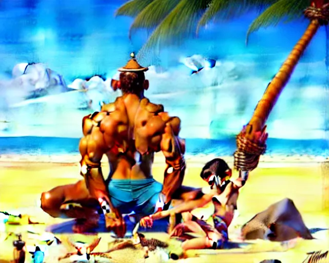 Image similar to muscular gandhi at the beach, sitting on the sand next to a campfire, with palm trees in the back, by artgerm, ilya kuvshinov katsuhiro villeneuve, jeremy lipkin and michael garmash and rob rey, disney pixar zootopia, by tristan eaton, stanley artgermm, tom bagshaw, greg rutkowski, carne griffiths