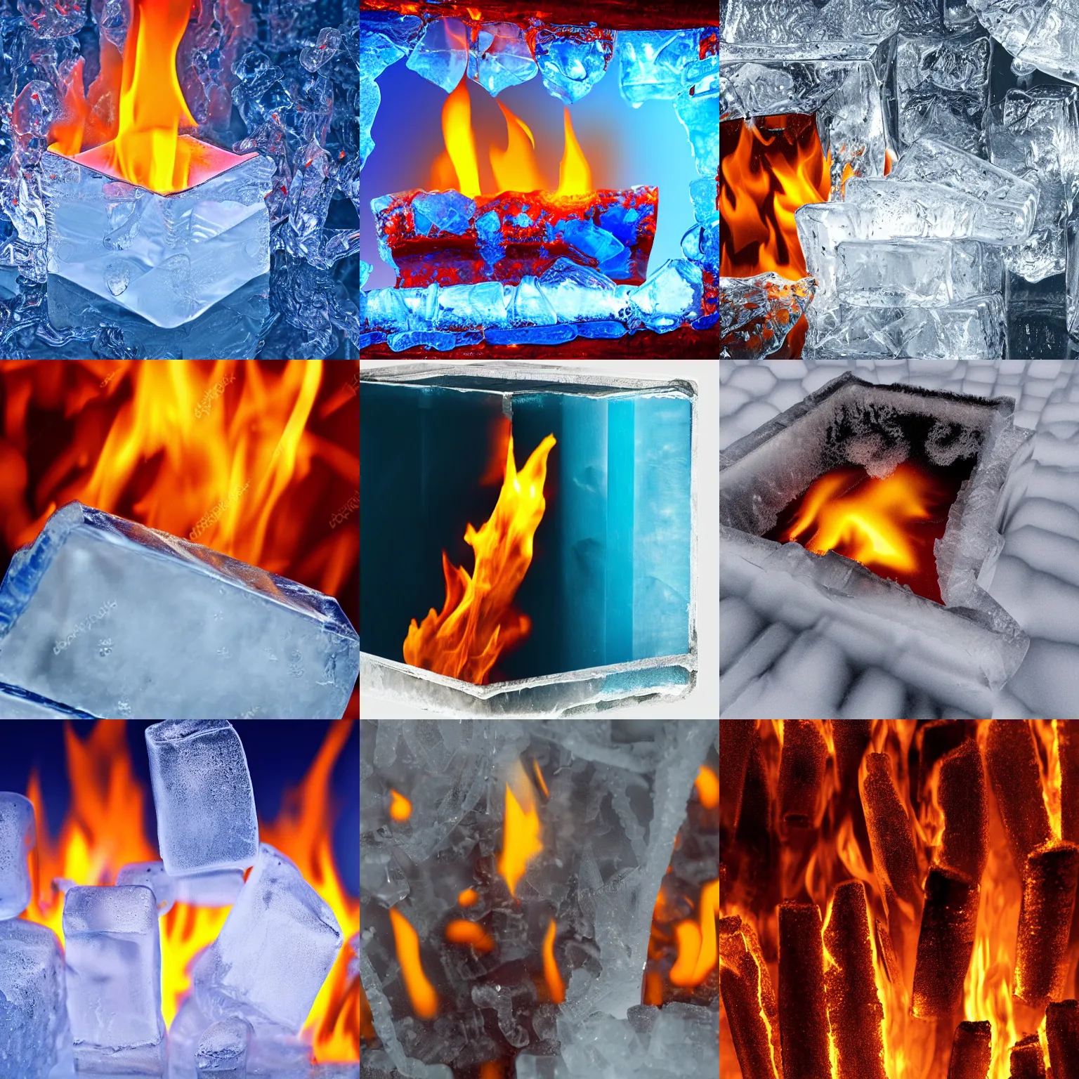 Prompt: fire encased within a block of transparent ice, high detail,