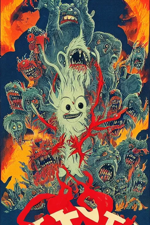 Prompt: the thing 1 9 8 2 movie poster with intricate detail and monsters from the movie