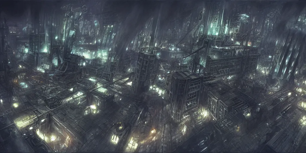 Image similar to concept art of city of midgar from final fantasy 7, dark atmosphere, drone photography