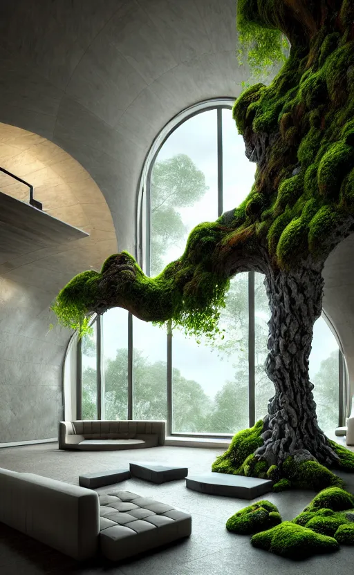 Image similar to highly detailed villa natural beautiful light interior soft cinematic composition of a smooth ceramic porcelain biomorphic magnolia stone nebula fluid sci - fi surreal architecture landscape, furniture, granite, trees, marble, moss, lichen, fungi, vincent callebaut composition, mamou - mani, archviz, 8 k, unreal engine, hdr