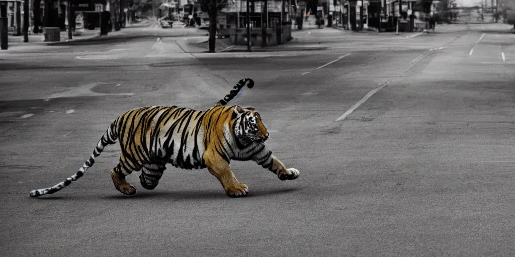 Image similar to tiger king in full speed in a empty street, kieth thomsen