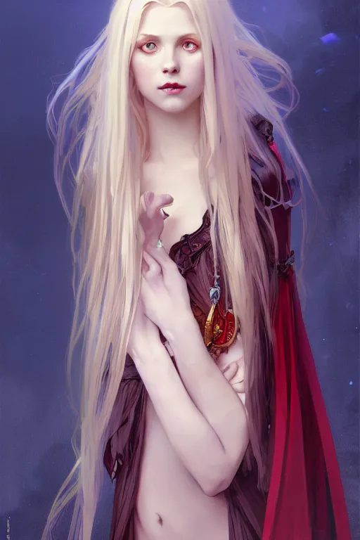 Prompt: portrait of a beautiful young fit girl vampire with long blonde hair and blue eyes, wearing a dress, by greg rutkowski and alphonse mucha, d & d character, gradient white to red, modern nocturnal background, highly detailed portrait, digital painting, artstation, concept art, smooth, sharp focus ilustration, artstation hq