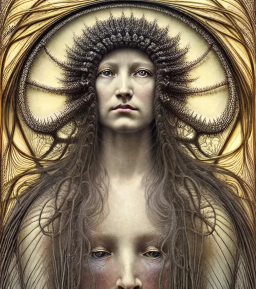 Prompt: detailed realistic beautiful solstice goddess face portrait by jean delville, gustave dore, iris van herpen and marco mazzoni, art forms of nature by ernst haeckel, art nouveau, symbolist, visionary, gothic, neo - gothic, pre - raphaelite, fractal lace, intricate alien botanicals, ai biodiversity, surreality, hyperdetailed ultrasharp octane render