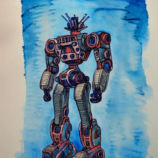 Image similar to an intricate water colour painting of a giant anime robot with rounded and circular parts