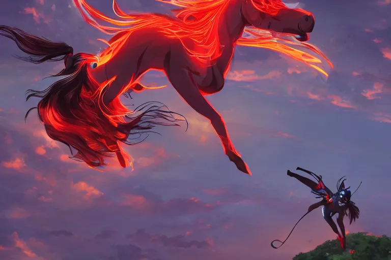 Prompt: beyonce dressed as a ninja riding a red horse is attacking an powerful goddess on a harlem rooftop, highly detailed, 4k resolution, lighting, anime scenery by Makoto shinkai