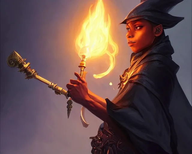 Prompt: a black mage from final fantasy, holding a torch, deep focus, d & d, fantasy, intricate, elegant, highly detailed, digital painting, artstation, concept art, matte, sharp focus, illustration, hearthstone, art by artgerm and greg rutkowski and alphonse mucha