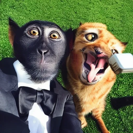 Prompt: Monkey, cat, and dog in suits taking selfie.