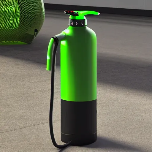 Image similar to Moyai Face on a Neon Green Fire Extinguisher, Realistic, 4k, Highres, High Detail