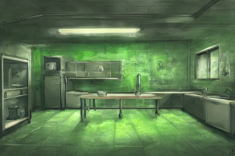 Image similar to underground lab kitchen, green water, foggy, concept art