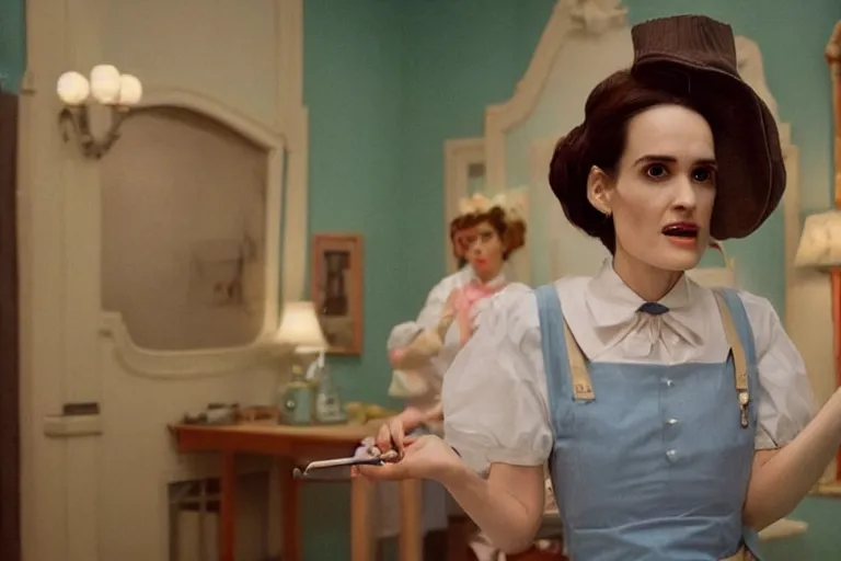 Image similar to mid-shot concept art of Winona Ryder as a maid in the new movie directed by Wes Anderson, symmetrical shot, idiosyncratic, relentlessly detailed, pastel, limited colour palette, detailed face, movie still frame, promotional image, imax 70 mm footage