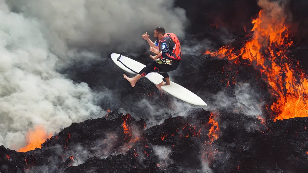 Image similar to person wearing a sponsored team jersey with logos jumping out of a helicopter with a surfboard into a volcano, action shot, dystopian, thick black smoke and fire, sharp focus