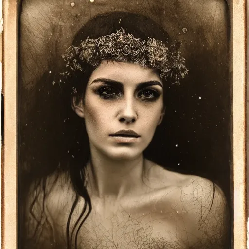 Prompt: old full frame wetplate daguerreotype portrait of a beautiful woman, 3 0 years old, fractal, intricate, elegant, highly detailed, parallax, leica, subsurface scattering, by luis royo and greg rutkowski