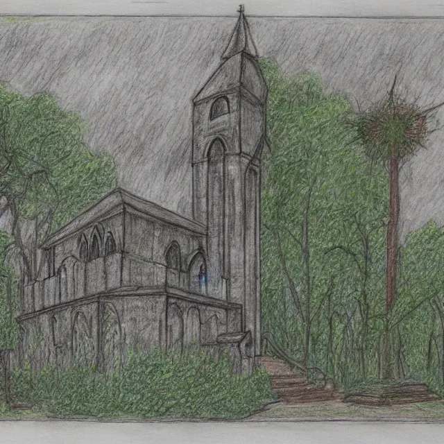 Image similar to overgrown abandoned church in a concrete jungle, colored pencil drawing