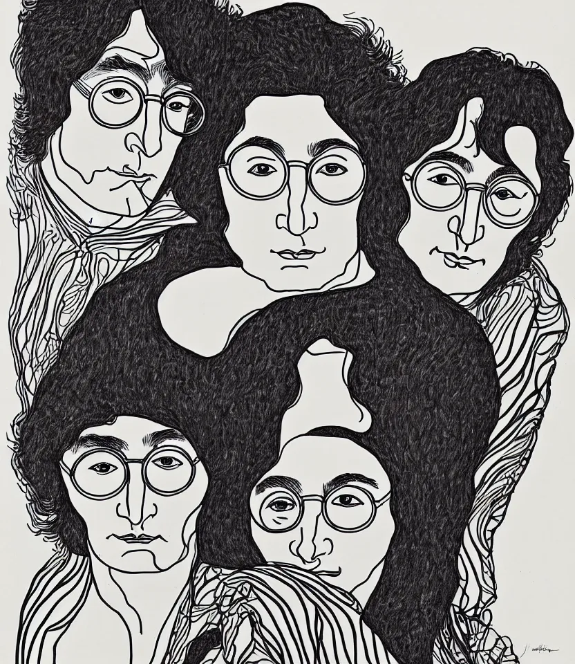 Image similar to elegant intricate line art portrait of john lennon and yoko ono. inspired by egon schiele. contour lines, graphic musicality, twirls, curls, curves, strong confident personality, staring at the viewer