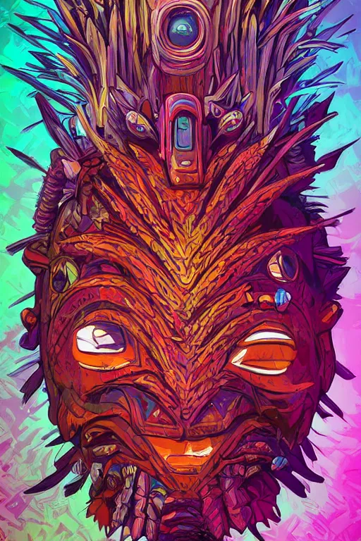 Image similar to totem animal tribal chaman vodoo mask feather gemstone plant wood rock video game illustration vivid color borderlands by josan gonzales and dan mumford radiating a glowing aura