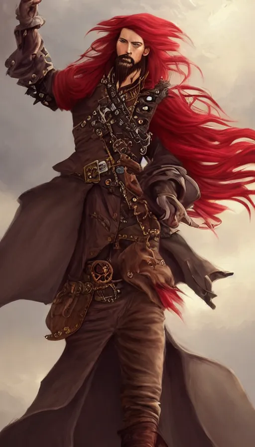 Image similar to portrait of a male pirate with flowing red hair!!!!!!, handsome, side profile, Steampunk airship!!!!!!!, D&D, fantasy, simple clothing!!!!, elegant, highly detailed, digital painting, deviantart, artstation, concept art, sharp focus, illustration, art by Artgerm and Greg Rutkowski and Alphonse Mucha
