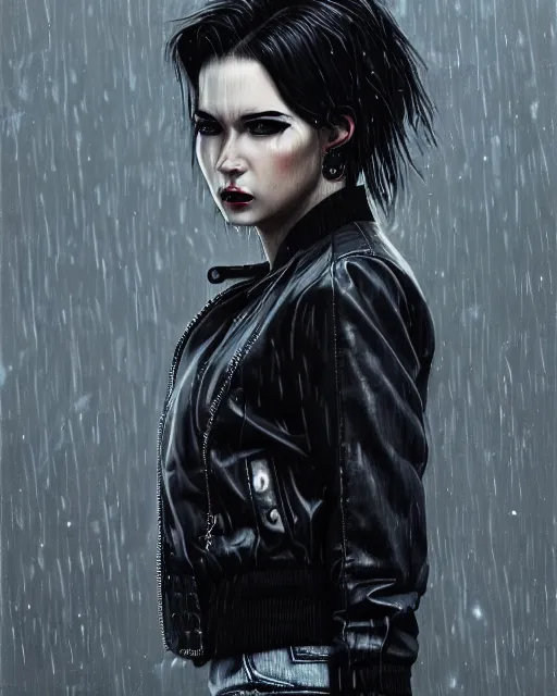 Image similar to portrait painting of a punk woman in a leather bomber jacket, medium shot, symmetrical, rainy night, elegant intricate digital painting, trending on artstation, by huang guangjian