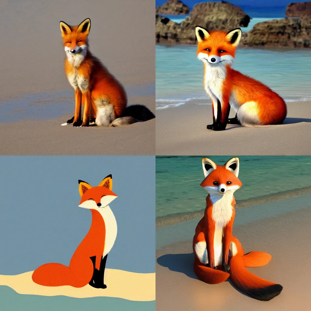 Prompt: anthropomorphic female fox sitting on a beach