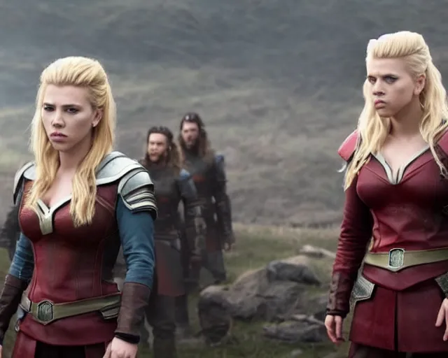 Image similar to scarlett johansson, in starfleet uniform, playing lagertha in a scene from the tv series vikings