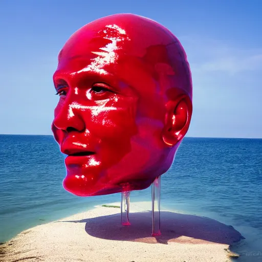 Image similar to a giant human head sculpture in the sea made out of juicy and half transparent red jelly, in the style of chad knight, long shot, hyper detailed, hyper realistic, ray tracing, 8 k resolution, sharp focus, realistic water, award winning