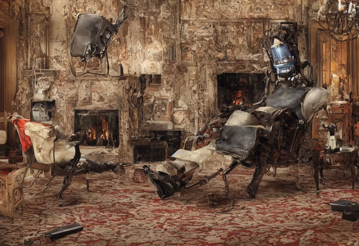 Image similar to Extreme close up photograph of a robot reclining on a tattered recliner in front of a single beautiful fireplace in a Victorian home, by Simon Stalenhag and Gregory Crewdson