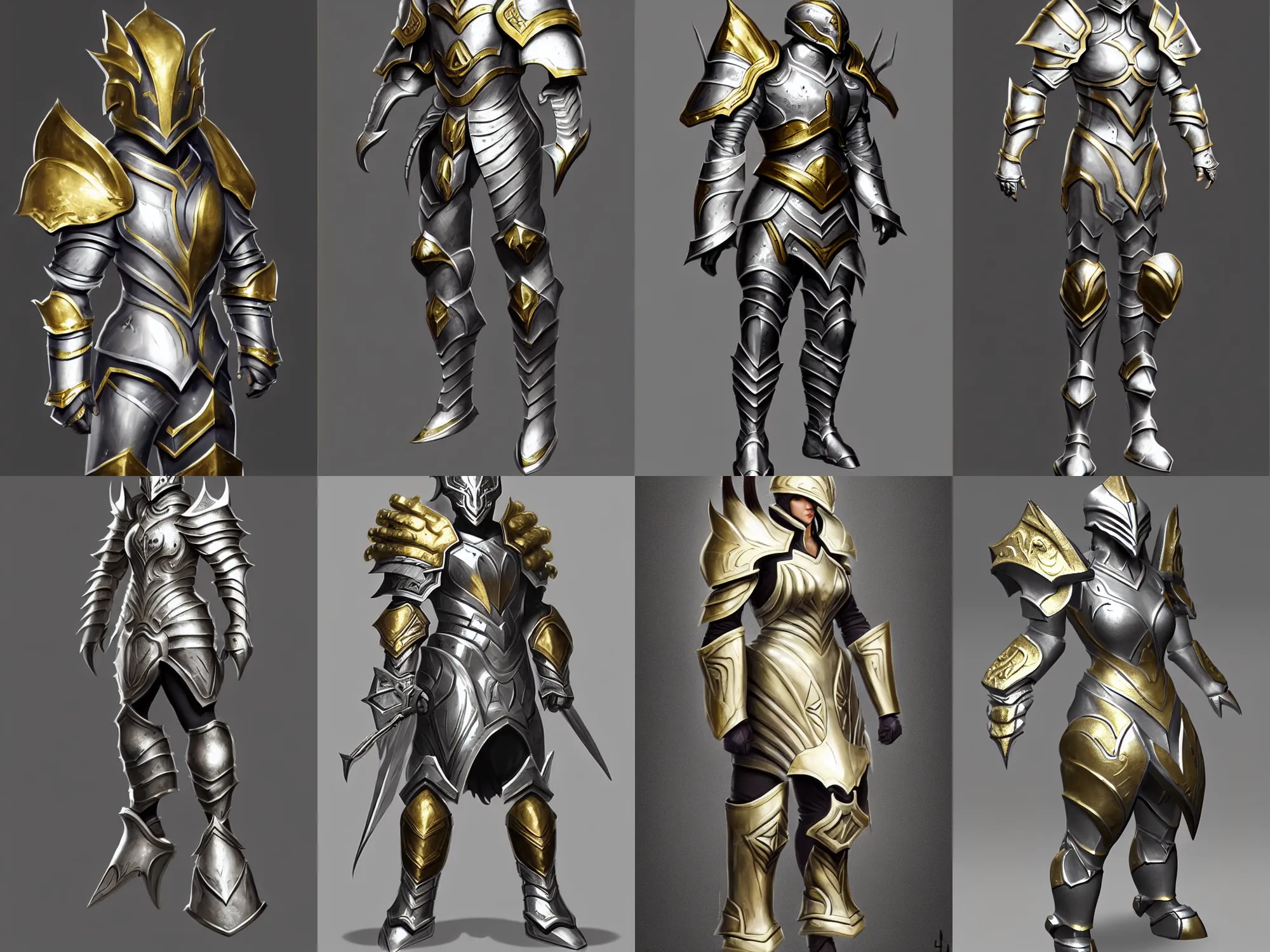 Prompt: stunning, epic heavy fantasy armor, silver with gold trim, extremely polished, exaggerated proportions, trending on polycount, fantasy character portrait, professional concept art, front view, A-pose, full body