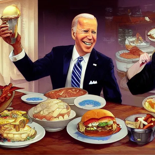 Image similar to Joe Biden and an obese chef eating together unhealthy food at the white house, highly detailed, digital painting, artstation, concept art, sharp focus, illustration, art by artgerm and greg rutkowski and alphonse mucha and Norman Rockwell