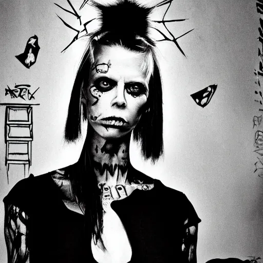 Prompt: die antwoord yolandi portrait, back and white, zef design graffiti in the background, dark lighting, freaky, digital art