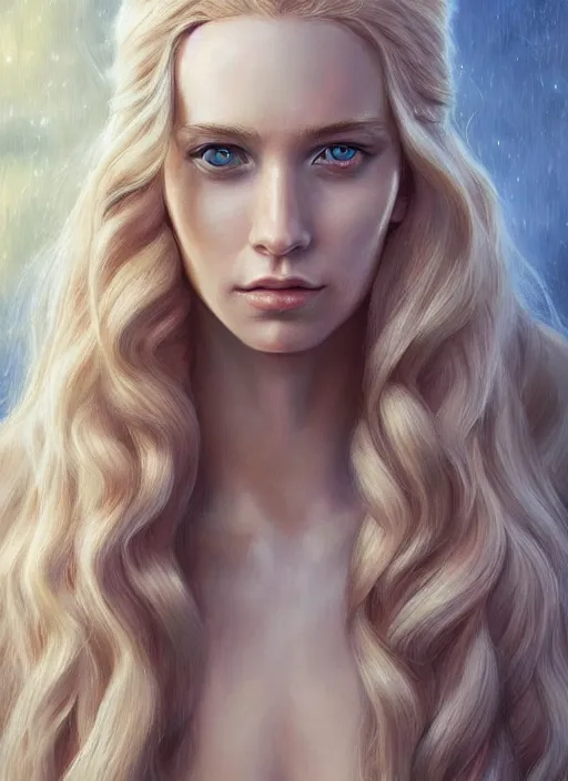 Image similar to a painting of a woman with long blonde hair, a photorealistic painting by magali villeneuve, featured on cgsociety, fantasy art, detailed painting, photorealistic