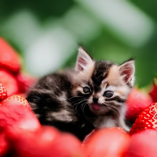 Image similar to macro shot photograph of an extremely tiny baby kitten on top of a strawberry that is bigger than it