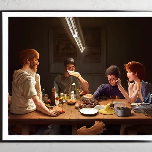 Image similar to a steaming pile of poop on a dinner table, family seated around the table with happy faces, trending on art station, realistic shaded lighting poster by ilya kuvshinov katsuhiro, magali villeneuve, artgerm, jeremy lipkin and michael garmash, rob rey and kentaro miura style