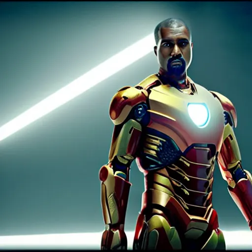 Image similar to Portrait of Kanye West in Ironman suit, splash art, movie still, cinematic lighting, dramatic, octane render, long lens, shallow depth of field, bokeh, anamorphic lens flare, 8k, hyper detailed, 35mm film grain