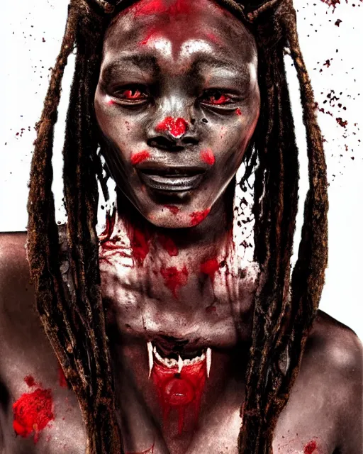 Prompt: beautiful ancient himba androgynous demonic vampire girl, portrait, hyperrealistic, bloodstains