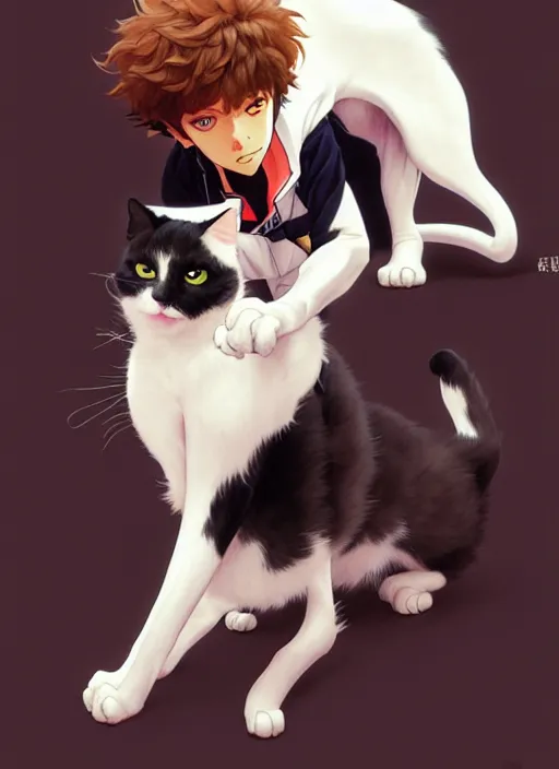 Image similar to ein from cowboy bebop playing with a tuxedo cat, intricate, elegant, hyper detailed, ultra definition, photoreal, artstation, unreal engine rendered, concept art, smooth, sharp focus, illustration, art by artgerm and greg rutkowski and alphonse mucha and garis edelweiss