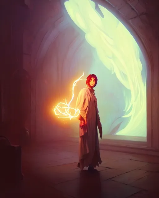 Image similar to highly detailed vfx portrait of an old mage casting a light spell, unreal engine, greg rutkowski, loish, rhads, beeple, makoto shinkai and lois van baarle, ilya kuvshinov, rossdraws, tom bagshaw, alphonse mucha, global illumination, detailed and intricate environment