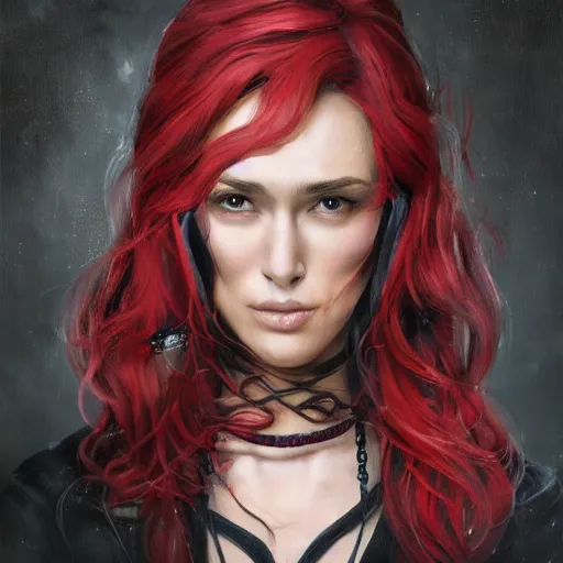 Image similar to beautiful female mage with red hair, keira knightley, black clothing, dark feathered wings, intricate, highly detailed face, trending on artstation, dramatic lighting, hyperrealistic, fantasy, portrait, highly detailed, headshot, digital painting, trending on artstation, concept art, sharp focus, illustration