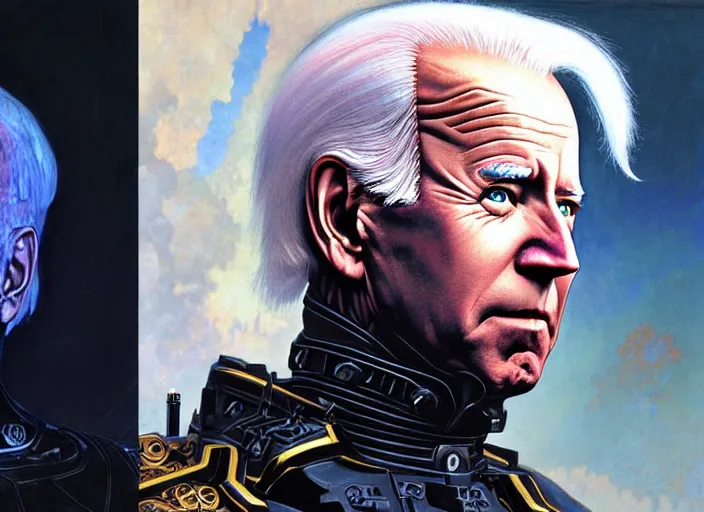 Image similar to portrait of joe biden goth cyborg with white hair in warhammer armor, art by kuvshinov ilya and wayne barlowe and gustav klimt and artgerm and wlop and william - adolphe bouguereau