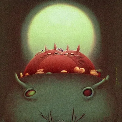 Image similar to Creepy Totoro full of blood, eating, Studio Ghiblo, Zdzisław Beksiński